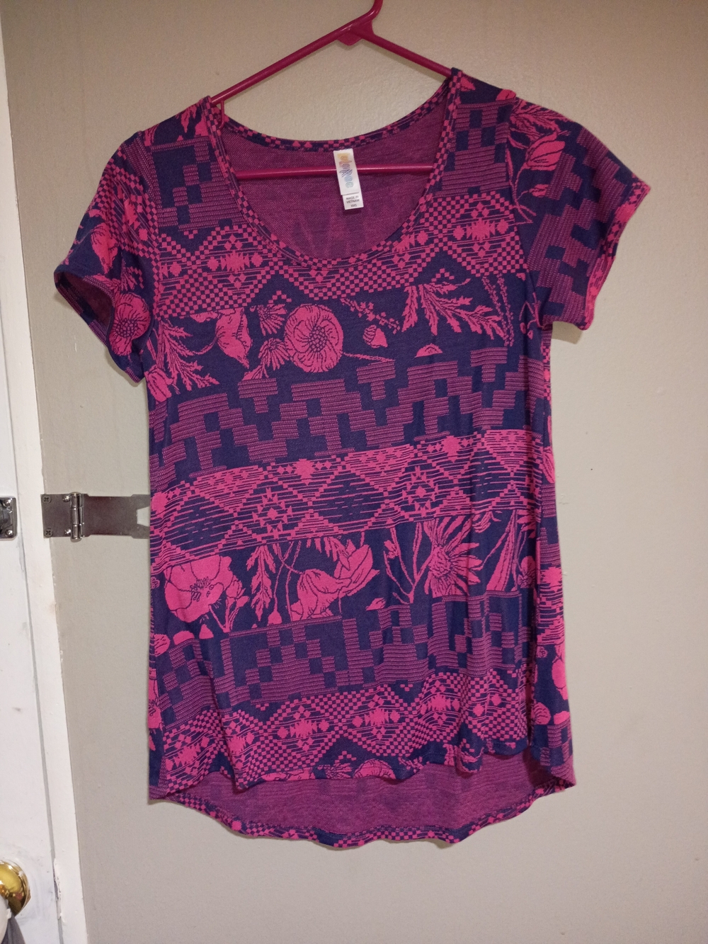 LuLaRoe Short Sleeve Floral & Geometric Tee - Pink & Navy